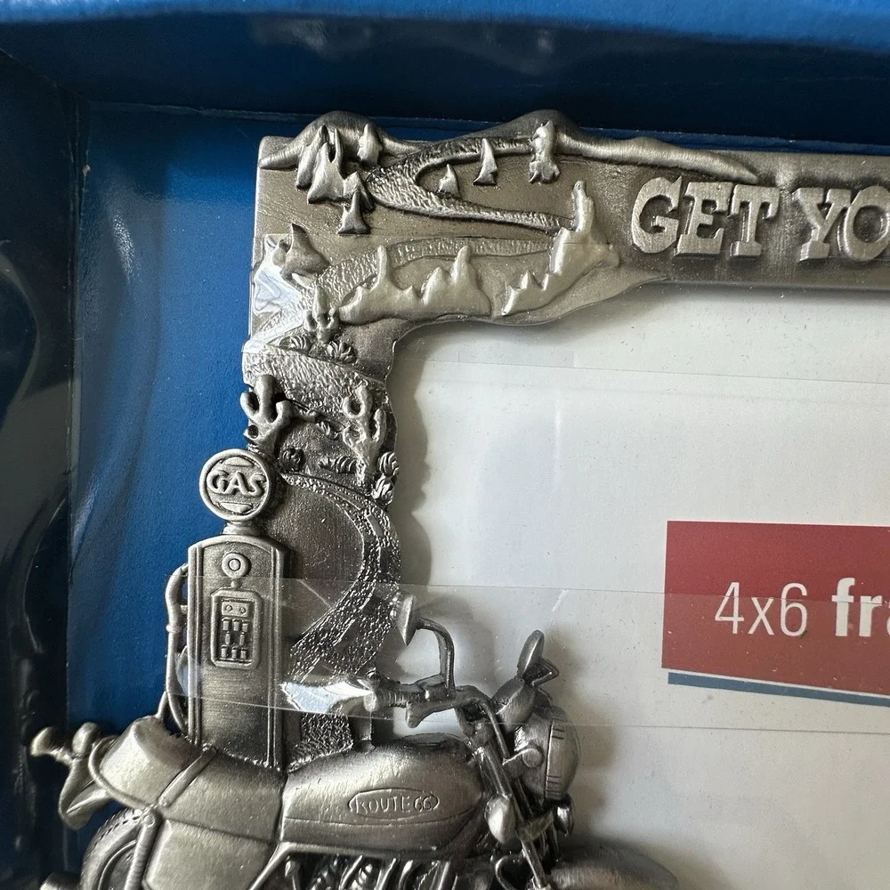 VTG Route 66 Motorcycle Frame Pewter 4x6 Photo 3D Cactus Signs Get Your Kicks On
